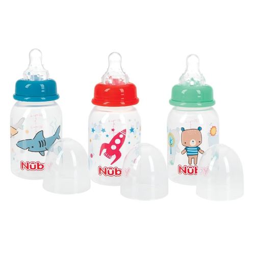 Nuby Printed 4 Ounce Non-Drip Bottle, 3 Pack - Blue, Red, Green