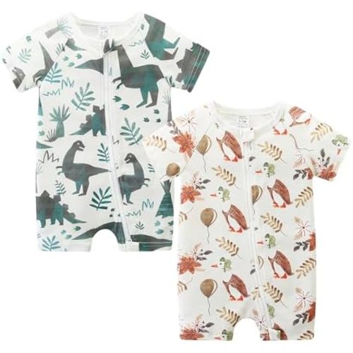 Unisex Summer Trendy 2-Pack Rompers Short Sleeve Zipped Bodysuit Infant Cotton Outfits