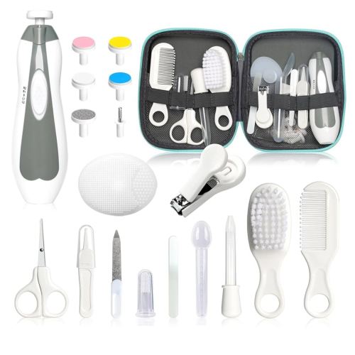 Baby Grooming Kit - 19 in 1 Nursery Essentials Baby Registry Shower Gift for Newborns, Infants, Toddlers, Boys, Girls Kids-Safety Baby Comb, Brush, Finger Toothbrush, Nail Clippers, Scissors(Grey White)