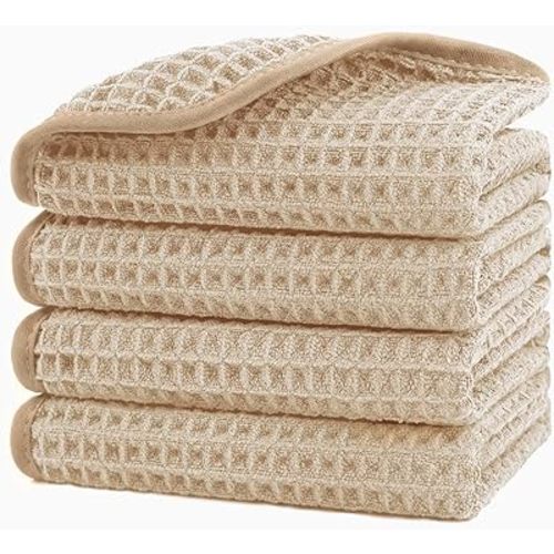 HOMEXCEL Beige Waffle Washcloths 4 Pack, Microfiber Waffle Weave Face Towel for Bathroom, Soft, Highly Absorbent and Quick Dry Washcloth for Bathroom, Hotel, Spa, Gym, and Kitchen, 12x12 Inch