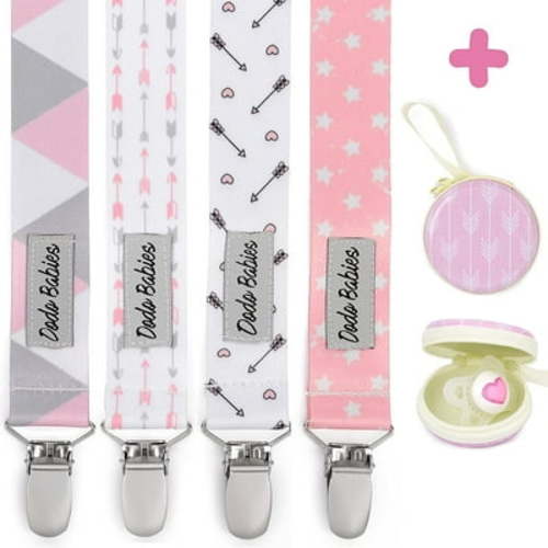 Dodo Babies Pacifier Clip Set - Four Clips Plus Binky Case - Universal Holder Fits Most Paci Brands, Teether Toys and Car Seats - Pink and Gray Prints for Girls or Boys