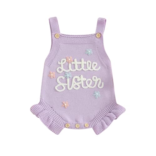 Amnnchya Newborn Baby Girl Sweater Romper Little Sister Matching Outfit Floral Ruffle Sleeveless Knit One Piece Jumpsuit