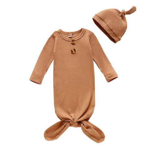 WIBACKER Unisex Newborn Baby Cotton Sleeper Gowns with Cap Long Knotted Sleeping Bag 0-3 Months