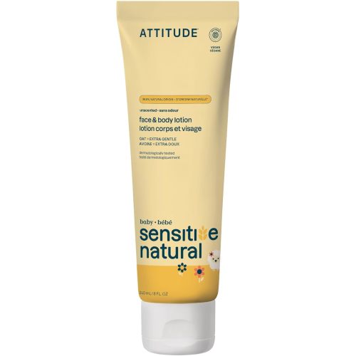 ATTITUDE Baby Lotion for Sensitive Skin with Oat, EWG Verified, Plant and Mineral-Based Ingredients, Vegan Personal Care Products, Unscented, 240 mL