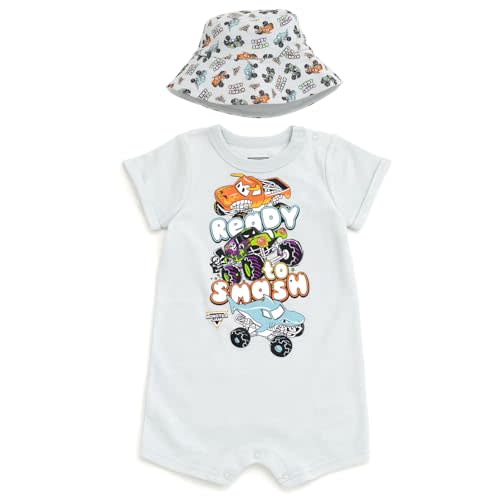 Monster Jam Romper and Bucket Sun Hat Outfit Set Newborn to Toddler Grave Digger El Toro Loco Megalodon