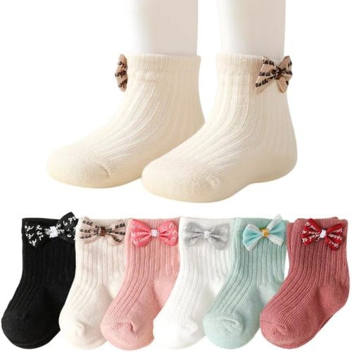 6 Pairs Baby Girl Socks,Bow Ankle Socks for Newborn Infant Preemie Soft Breathable Mixed Colors