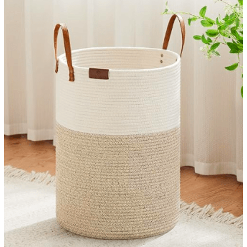 Tall Laundry Basket, Large Dirty Clothes Hamper with Leather Handle, Woven Rope Storage Basket for Blanket, Toy In Living Room, Bathroom, Bedroom - 72L White & Brown
