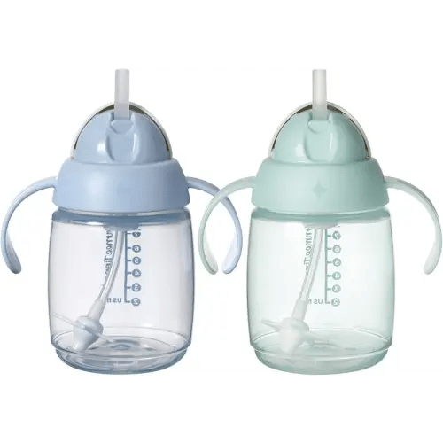 Tommee Tippee Starter Weighted Straw Baby & Toddler 10oz Sippy Cup for 6 Months+, with Silicone Weighted Straw and Easy-Hold Handles, BPA Free, Blue & Green, Pack of 2