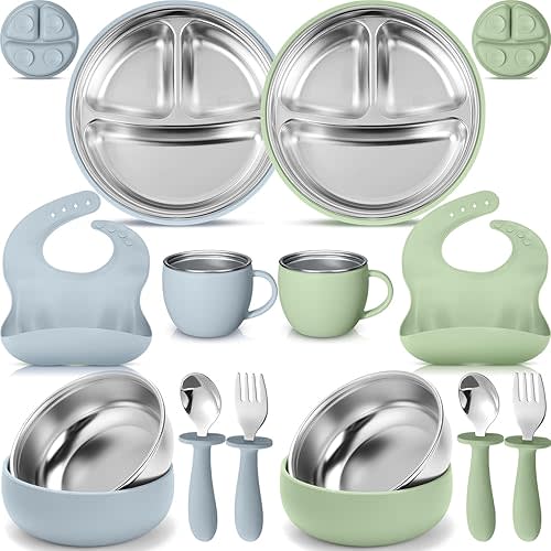 Nuogo 12 Pcs 304 Stainless Steel Plates Bowl Set Metal Bowls with Removable Non Slip Silicone Shell Toddler Cup Plates for Kids with Suction Forks Spoons Pocket Bib for Baby(Red)