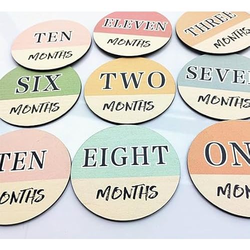 Monthly Baby Milestone Wooden Circles - 6 Pack Double Sided Printed Milestone Signs, Warm Tones and Wood Color, Baby Announcement Signs Great for Newborn Photography Props (Warm Tones)
