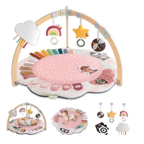 Blissful Diary Baby Play Gym & Activity Mat, 5 Developmental Zones Wooden Tummy Time Mat with 5 Detachable Sensory Toys for Motor Skills & Sensory Development, Baby Essentials Shower Gift, Pink Flower