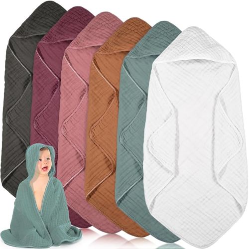 Peryiter 6 Pcs Muslin Hooded Baby Towels,32"x 32" Cotton Newborn Bath Towel Muslin Infant Baby Blankets Absorbent Unisex Newborn Registry Gift for Girls Boys (Red)