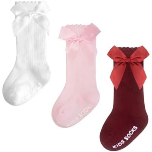 Baby Knee High Socks Girl Non Slip Toddler Stockings Cotton Bow Ruffle Newborn Long Socks Infant Dress Sock 0-6M/6-12M/1-3Y