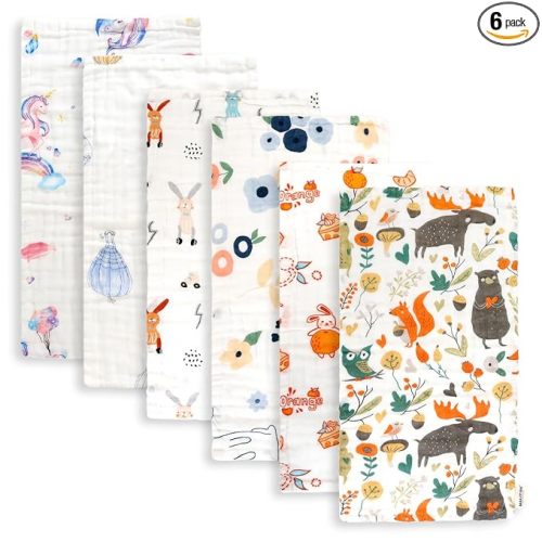 Maliton Muslin Burp Cloths for Baby Girl 6 Pack Large 20''x10'' 100% Cotton Burp Rags Absorbent and Soft 6 Layers Muslin Cloth Baby Boy Newborn Essentials Must Haves(Fairy Tale, Pack of 6)