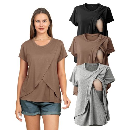 Rnxrbb 3 Pack Women's Nursing Tops for Breastfeeding Summer Short Sleeve T Shirts Postpartum Double Layer Clothes