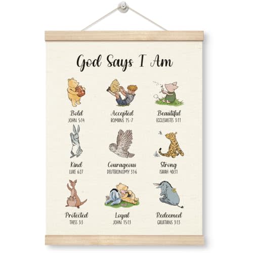 Inspirational Winnie Nursery Decor, Biblical Affirmations for Kids Canvas Wall Art, God Says I Am Poster, Classic Winnie Wall Decor for Nursery Classrooms Bedroom Living Rooms