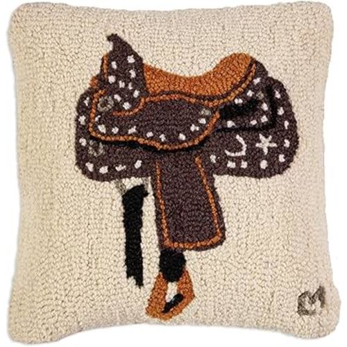 Artist-Designed Western Saddle Hand-Hooked Wool Decorative Throw Pillow (18 in x 18 in) Horse-themed Pillow for Couches & Beds-Easy Care, Low Maintenance Country Western Home Décor