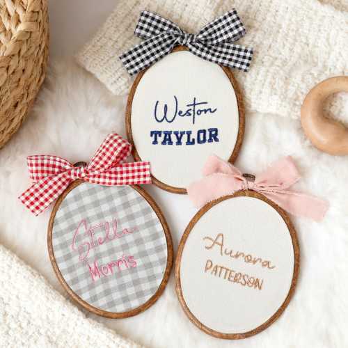 Custom Embroidered Baby Name Sign with Bow, Birth Announcement Plaque, Nursery Wall Decor, Newborn Name Reveal, Baby Shower Gift
