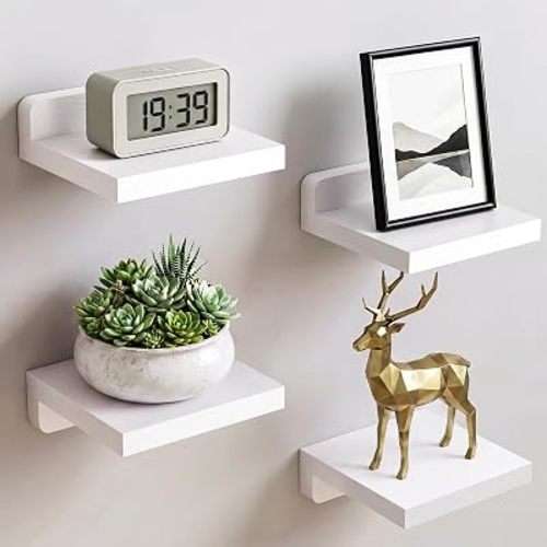Fixwal Small Shelf for Wall, Rustic Wood Floating Wall Mounted Shelves for Bedroom, Living Room, Kitchen, Bathroom Decor, Set of 4, 5 x 5 Inches (White)
