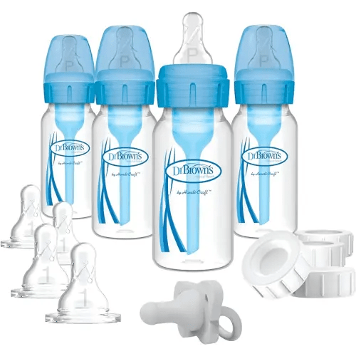 Dr. Brown's Natural Flow Anti-Colic Options+ Narrow Breast to Bottle Pump & Store Feeding Set with Slow Flow Nipples, Baby Travel Caps and 100% Silicone HappyPaci One-Piece Pacifier, Blue