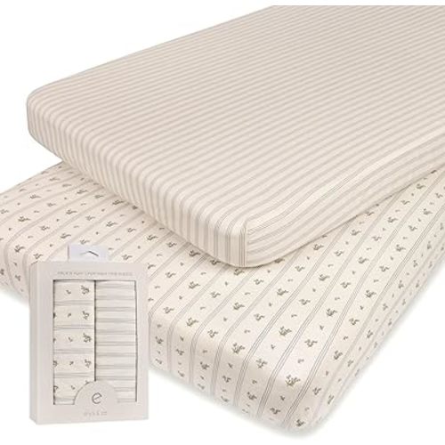 Ely’s & Co. Pack and Play Sheets, for Mini/Portable Crib, 2 Pack Fitted Playpen Play Yard Sheet Set Compatible with Graco Pack n Play, for Baby Boys, 100% Cotton, Blue Linear Berry, 38”x24”x5”