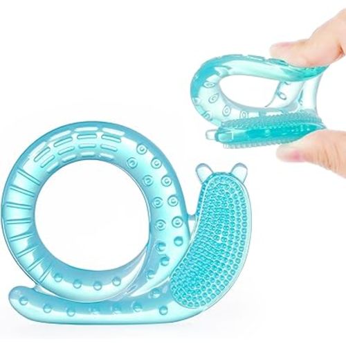 Baby Teething Ring Silicone Teether Toys with Soft Bristles, Freezer Teething Toys for Babies 0-6 Months BPA Free, Snail Animals Teether Blue