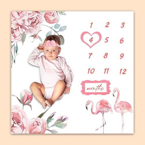 Baby Monthly Milestone Blanket, Pink Flamingo Floral Growth Chart Blanket for Baby Pictures, 47"x47" New Born Photography Backdrop 1 to 12 Months Include 4 Frames, 1 Headband, BTXTPH74