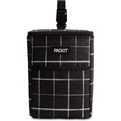 PackIt Freezable Double Bottle Bag, Built with EcoFreeze Technology, Antimicrobial lining, Collapsible, Reusable, Zip Closure, Buckle Handle, Perfect for Breastmilk and Formula On the Go - Black Grid