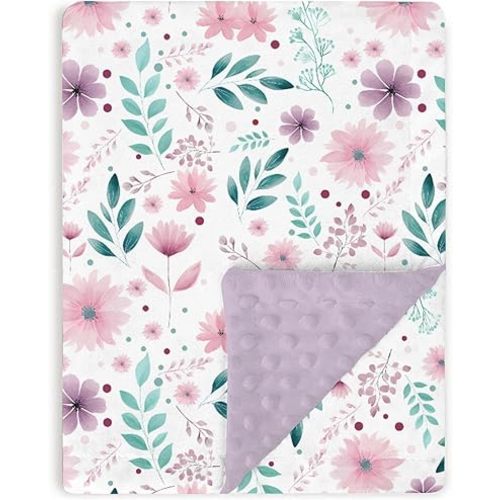 Tewrnvioc Purple Baby Blankets for Girls 30" x 40", Soft Double Layer Minky Blanket with Dotted Fleece Back, Nursery Bed Receiving Quilt for Newborn Infant Toddler Shower Gift Boho Floral Bloom Theme