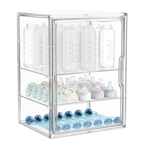 HBlife Baby Bottle Storage Organizer for Countertop Cabinet, 3 Tiers Adjustable Clear Acrylic Bottles Storage Station Case Box Container with 2 Removable Dividers and Magnetic Door, Large