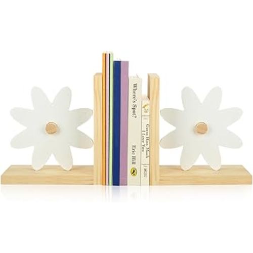 2 Pcs Nursery Decor Daisy Wooden Bookends Pink Rainbow Wooden Children Bookends Moon and Cloud Bookends Nursery Bedroom Decor for Home Nursery Kid (Daisy)