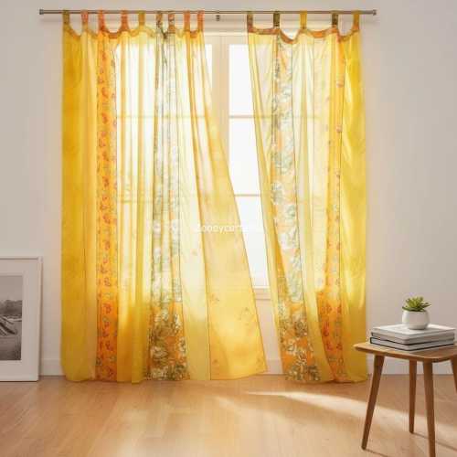 Yellow Silk Saree Curtain - Vintage Indian Patchwork Window Decor