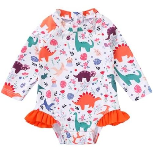 YOUNGER TREE Baby Swimsuit Girl Long Sleeve Ruffle Zipper Rash Guard Infant One Piece Swimwear Toddler Bathing Suit Girl