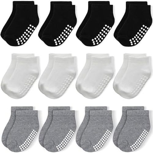 JAKIDAR 12 Pair Baby Toddler Socks Non-Slip Grip Cotton Ankle Socks for Boys Girls Non Skid Soles for Infants Kids