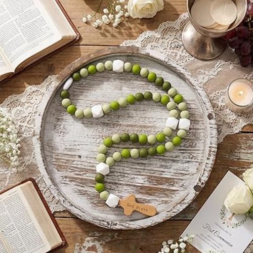 Misdary Baby Rosary Baptism Gift Silicone God Bless Kids Rosary with Cross Baptism Party Supply for Baby Shower Christian Catholic Communion Gifts(Gradient Green,Square)