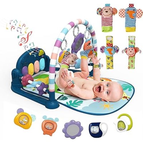 dearlomum Baby Play Mat Baby Gym,Funny Play Piano Tummy Time Baby Activity Mat with 5 Infant Sensory Baby Toys & 4 Wrist Rattle Socks, Boy & Girl Gifts for Newborn Baby 0 to 3 6 9 12 Months(Blue)
