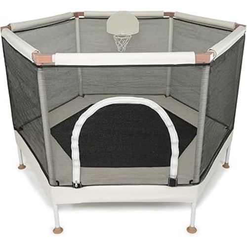 Kids Trampoline, Aesthetic Indoor and Outdoor Toddler Trampoline with Safety Net, Basketball Hoop, 220lb Capacity, Ultra Safe No-Gap Design, Gifts for Boys & Girls