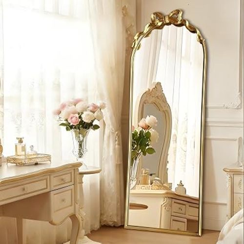 Gold Bow Full Length Mirror Standing Full Body Decorative Floor Mirrors for Bedroom, Living Room and Cloakroom 55" L x 21"