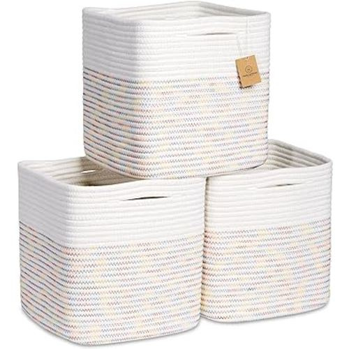 NaturalCozy Storage Cubes 11 Inch Cotton Rope Woven Baskets for Organizing, 3-Pack | Cube Storage Bin | Square Storage Baskets for Shelves Organizer, Classroom, Kids Toy Bins, Closet, Baby Nursery