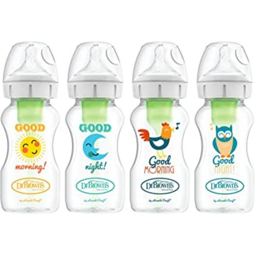 Dr. Brown’s Natural Flow® Anti-Colic Options+™ Wide Baby Bottles, 9 oz/270ml, with Level 1 Slow Flow Nipple, 4 Pack Good Morning/Good Night Gift Set