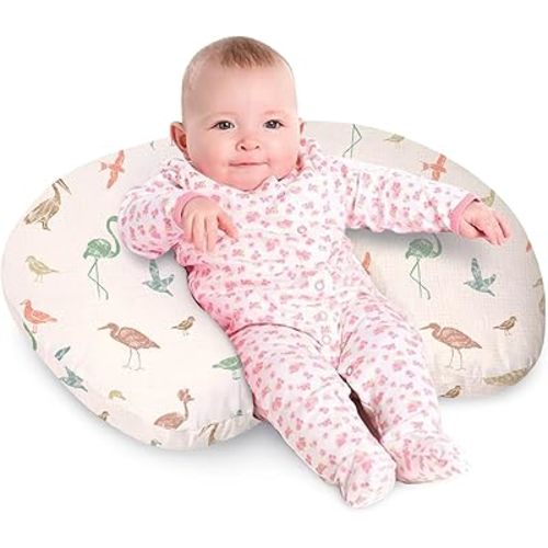 Little Grape Land Nursing Pillow Soft 100% Cotton Breastfeeding Pillow with Breathable Muslin Removable Cover, Wetland Wings Breast Feeding Pillows for Babies 0-12 Months with Protective Zipper