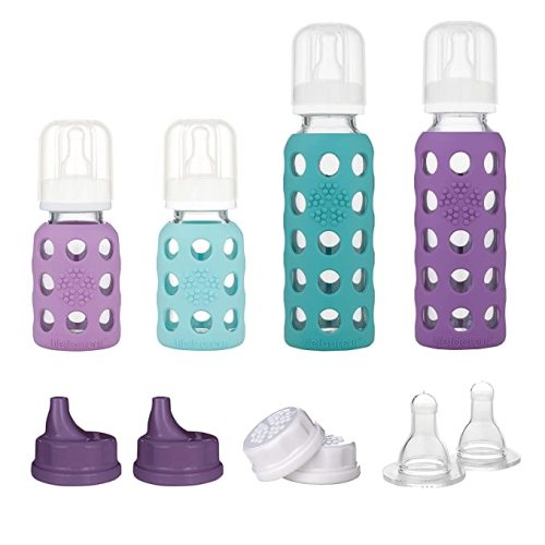 Lifefactory 4 Bottle Starter Set (2) 4-Ounce Baby Bottle in Mint/Lavender (2) 9-Ounce Baby Bottle in Kale/Grape (2) Flat Caps (2) Sippy Caps (2) Stage 2 Nipples - 1 Count (Pack of 1) - Mint/Lavendar