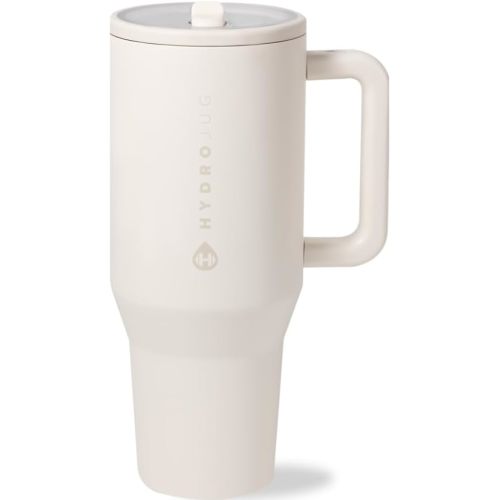 HydroJug Traveler - 32 oz Water Bottle with Handle & Flip Straw - Fits in Cup Holder, Leak Resistant Tumbler-Reusable Insulated Stainless Steel & Rubber Base - Gifts for Women & Men, Cream