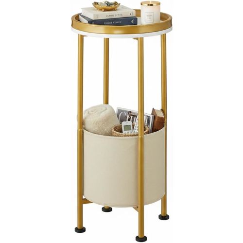 Small Round Side Table with Storage Basket, 2-Tier Round End Table for Living Room & Bedroom, 26" Tall Nightstand Modern Sofa End Table for Small Spaces (White Gold)