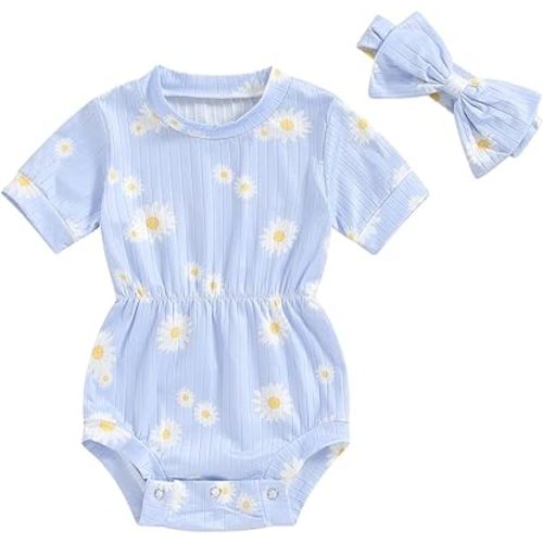 Baby Girl Summer Clothes Ribbed Short Sleeve Romper Solid Color Bodysuits Bow Headband Outfit Newborn Girl Jumpsuit