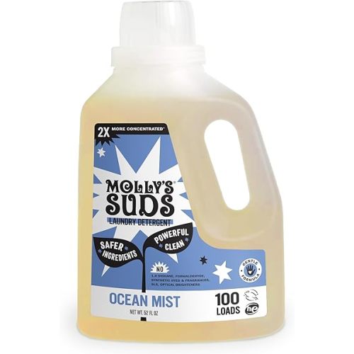 Molly's Suds Liquid Laundry Detergent | Clean Laundry Detergent Soap for Sensitive Skin | 2x Concentrated, High Efficiency (HE) | Ocean Mist - 100 Loads