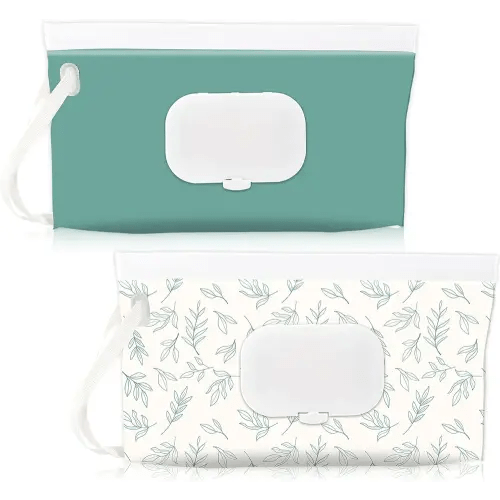 FEBSNOW 2 Pack Baby Wipes Dispenser Holder, Portable Refillable Baby Wet Wipes Pouch Container Reusable Travel Case for Outdoor Hiking, Blue Leaves