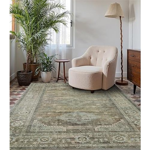 Area Rugs 8x10 for Living Room Bedroom, Modern Boho Machine Washable Large Distressed Light Greyish Sage Green Rug, Low Pile Floor Carpet with Non Slip Backing for Dining Room
