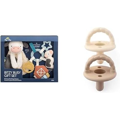 Itzy Ritzy Farm Toy Gift Set - includes Cow Lovey & Farm-Themed Car Seat and Stroller & Silicone Pacifiers for Newborn - Sweetie Soother Pacifiers Feature Collapsible Handle & Two Air