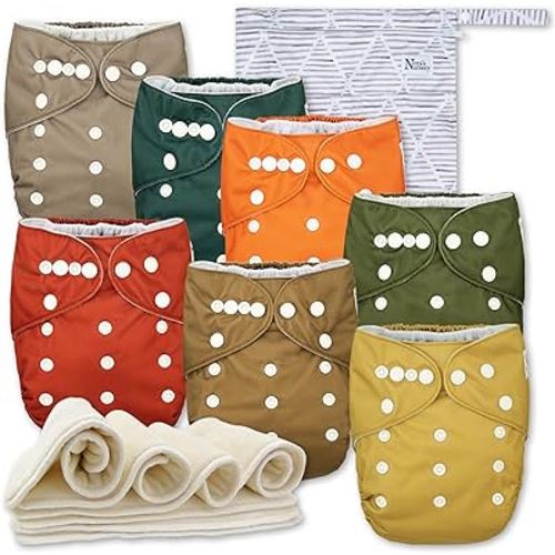Nora's Nursery Cloth Diapers 7 Pack with 7 Inserts & 1 Wet Bag - Waterproof Cover, Washable, Reusable & One Size Adjustable Pocket Diapers for Newborns and Toddlers - Florence